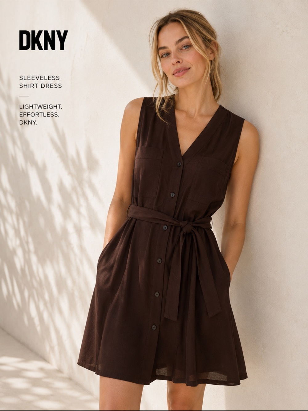 DKNY Sleeveless Brown Button-Front Shirt Dress